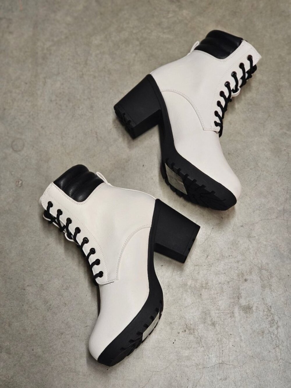 White Chunky Heel Lace-Up Ankle Boots With Black Accents Womens Stylish Faux Lea